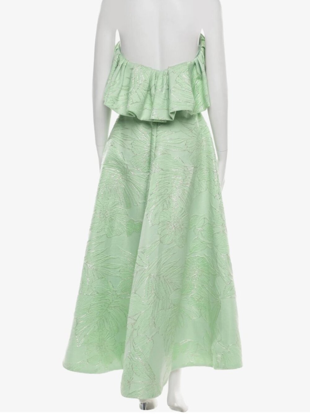 Amsale Jacquard Green Floral Ruffle Cocktail Gown - Picture 3 of 7